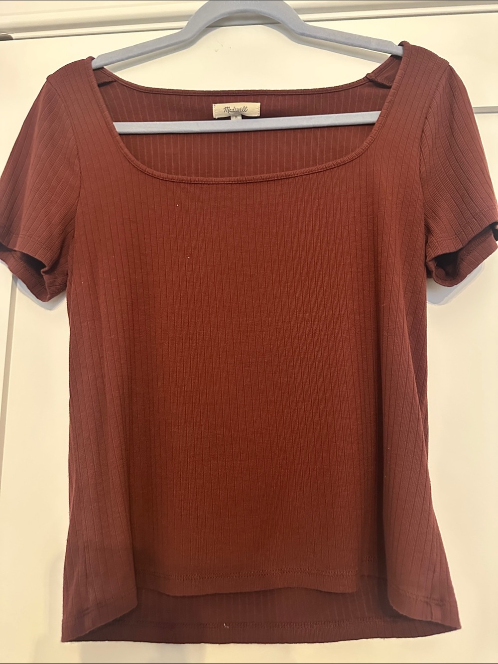 Madewell Ribbed Square-Neck Short Sleeve Top - Rust Brown
